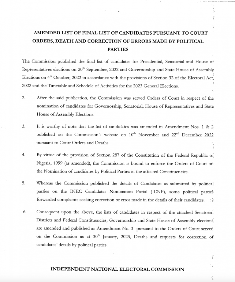 AMENDED LIST OF FINAL LIST OF CANDIDATES PURSUANT TO COURT ORDERS, DEATH, CORRECTION OF ERRORS MADE BY POLITICAL PARTIES